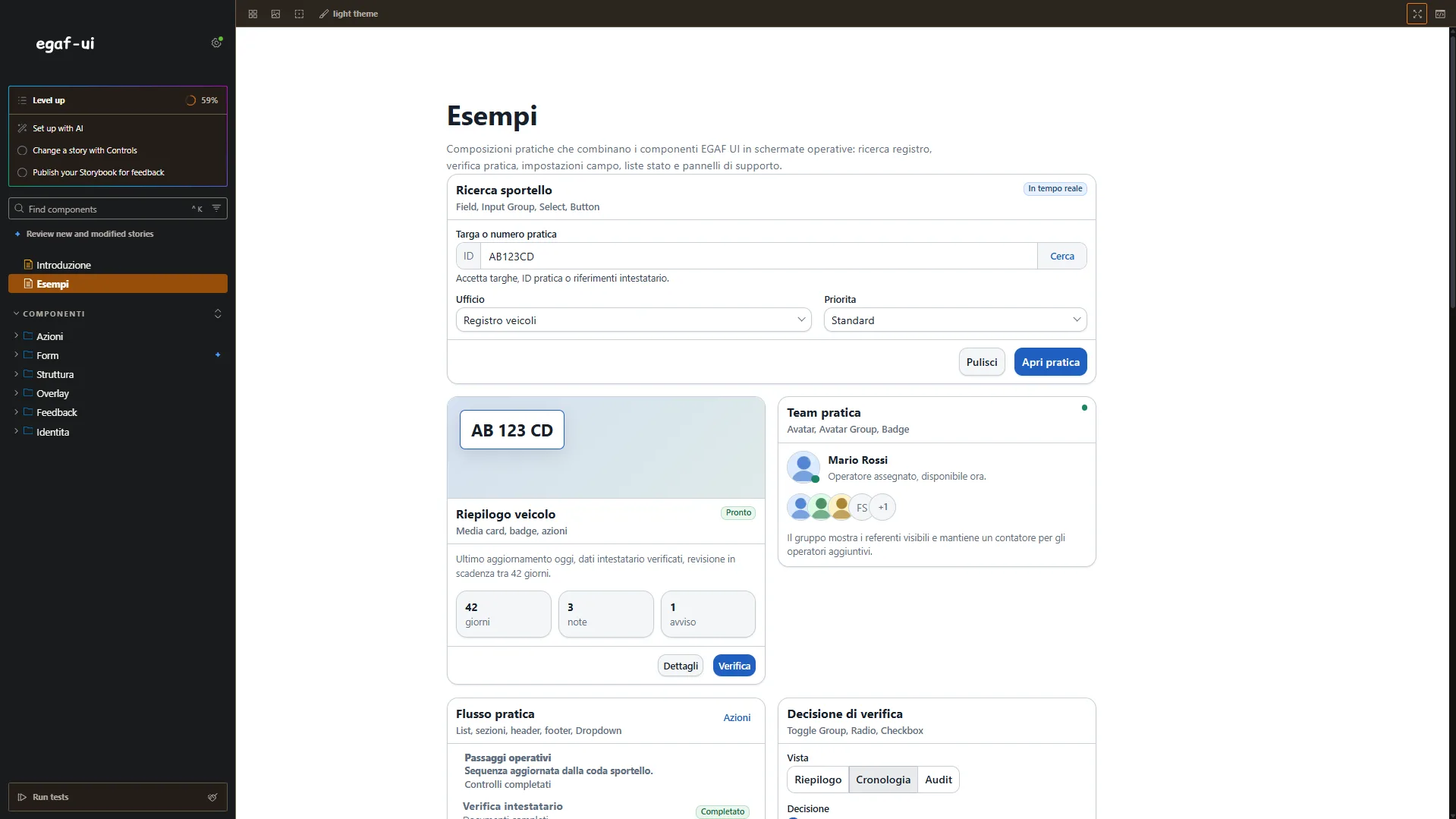 Pagina di Esempio dello Storybook di Egaf-UI